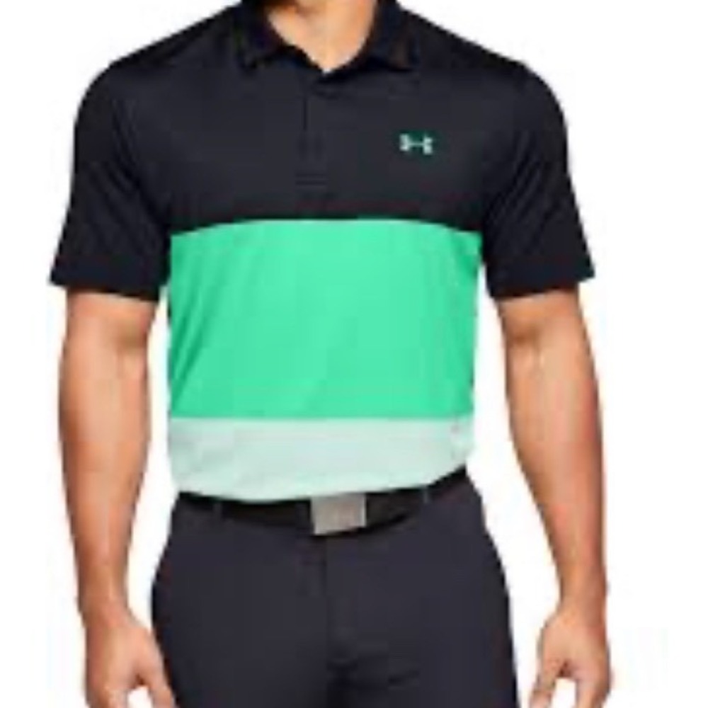 Under Armour Golf Polo Shirt Mens Medium Black Green Color Block Athletic‎